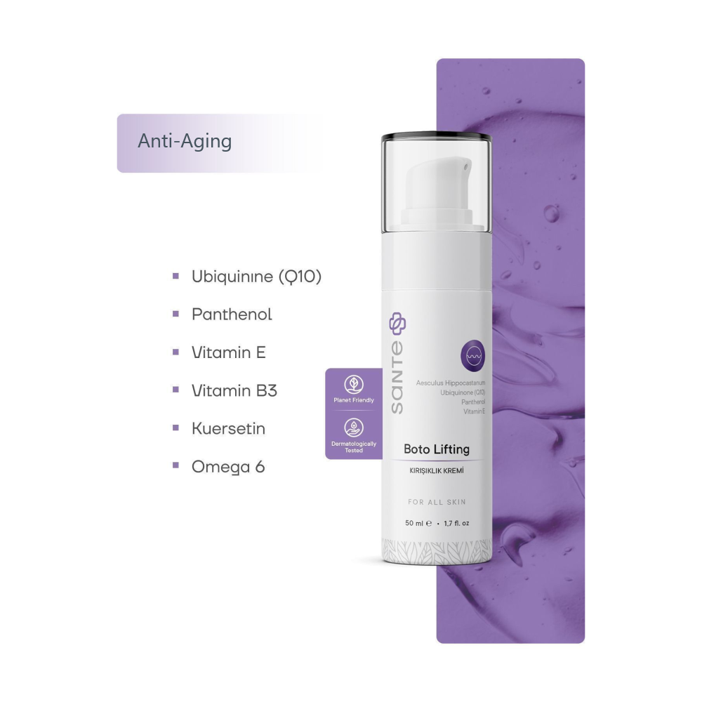 Botolifting Anti-Wrinkle and Anti-Aging Cream 50 ml by Sante Plus showcasing ingredients for youthful skin.