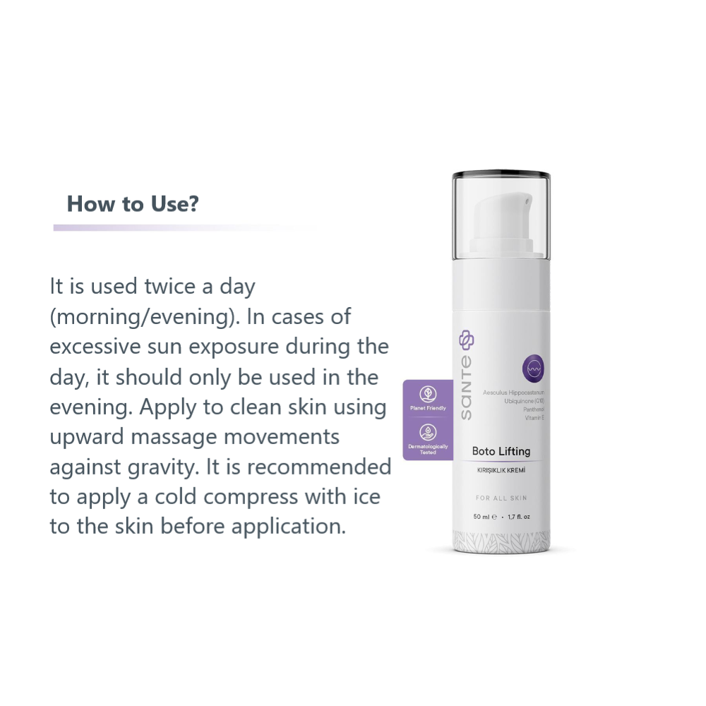 Instructions for using Sante Plus Botolifting Anti-Wrinkle Cream, highlighting twice daily application.