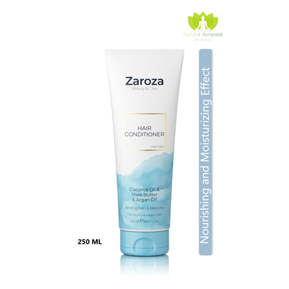 Zaroza Hair Conditioner 250ml with Coconut Oil, Shea Butter, and Argan Oil for nourishing and moisturizing hair care.