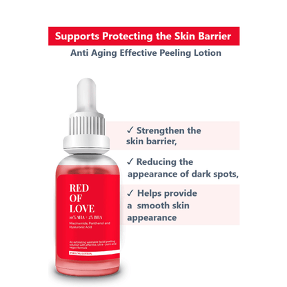 RED OF LOVE AHA 10% & BHA 2% Peeling Serum bottle, supports protecting the skin barrier, anti-aging lotion, smooth skin, reduce dark spots