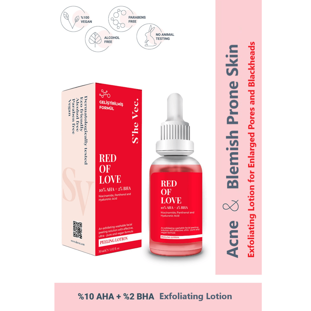 RED OF LOVE AHA 10% BHA 2% Revitalizing Peeling Serum for Acne and Blemish Prone Skin with Vegan, Paraben-Free, and Alcohol-Free Formula