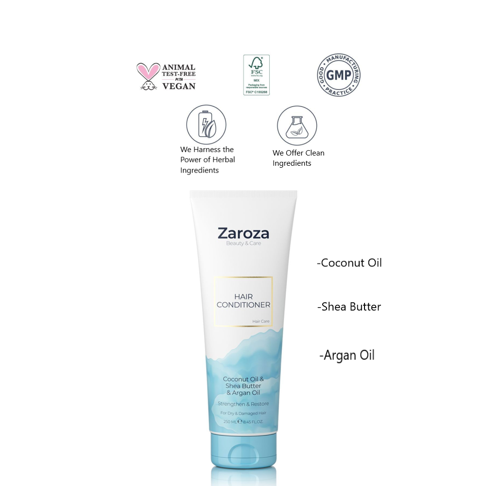 Zaroza Hair Conditioner with Coconut Oil, Shea Butter, and Argan Oil - vegan, cruelty-free, and herbal ingredients.