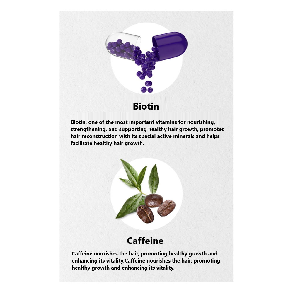 Biotin and caffeine extract promoting hair growth and strength, showcasing benefits for healthy hair and scalp.