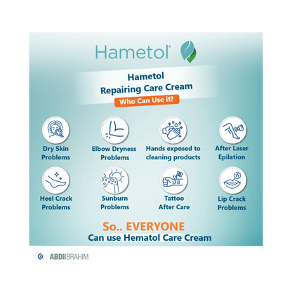 Hametol Repairing Care Cream for dry skin, elbow dryness, hands exposed to cleaning products, post-epilation, heel cracks, sunburn, tattoos, and lip cracks.