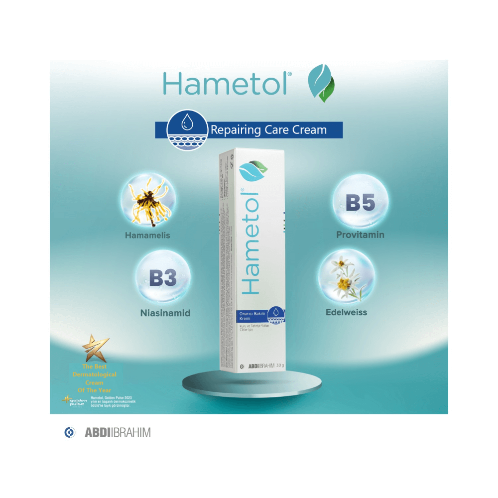 Hametol Skin Care and Repair Cream (30ml) with key ingredients Hamamelis, Provitamin B5, Niacinamid, and Edelweiss, suitable for sensitive skin.