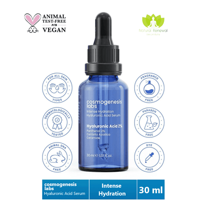 Cosmogenesis Labs Intensive Hyaluronic Acid Serum 30ml, Vegan, Anti-Wrinkle, Deep Hydration, Natural Renewal, All Skin Types, Paraben Free