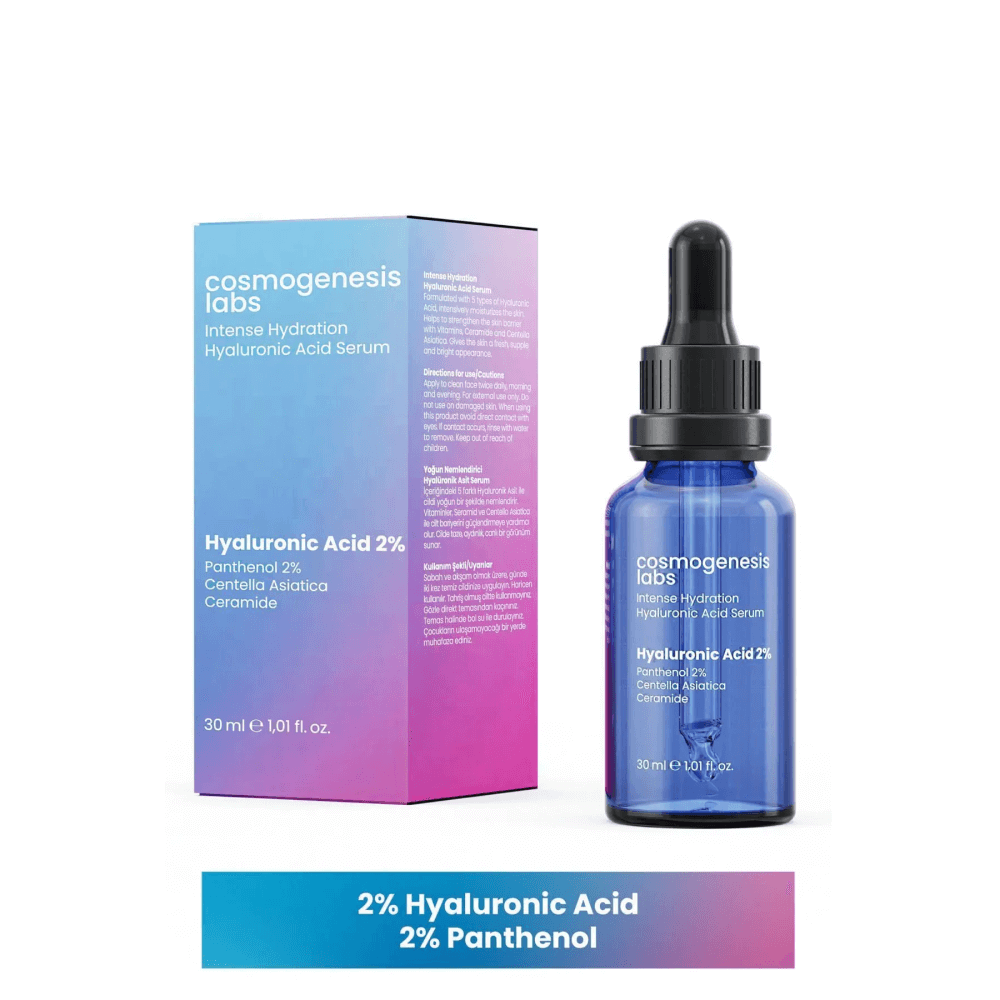 Cosmogenesis Labs Intensive Hyaluronic Acid Skin Serum 30ml bottle and packaging with 2% Hyaluronic Acid and 2% Panthenol.