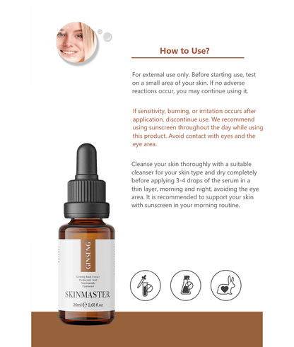 SkinMaster Ginseng Serum bottle with usage instructions for skin renewal and refreshing, featuring Ginseng Extract, Niacinamide, and Hyaluronic Acid.