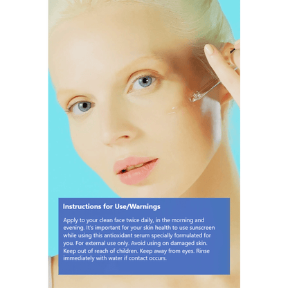 Woman applying Cosmogenesis Labs Intensive Hyaluronic Acid Skin Serum, instructions for use and warnings displayed in text.